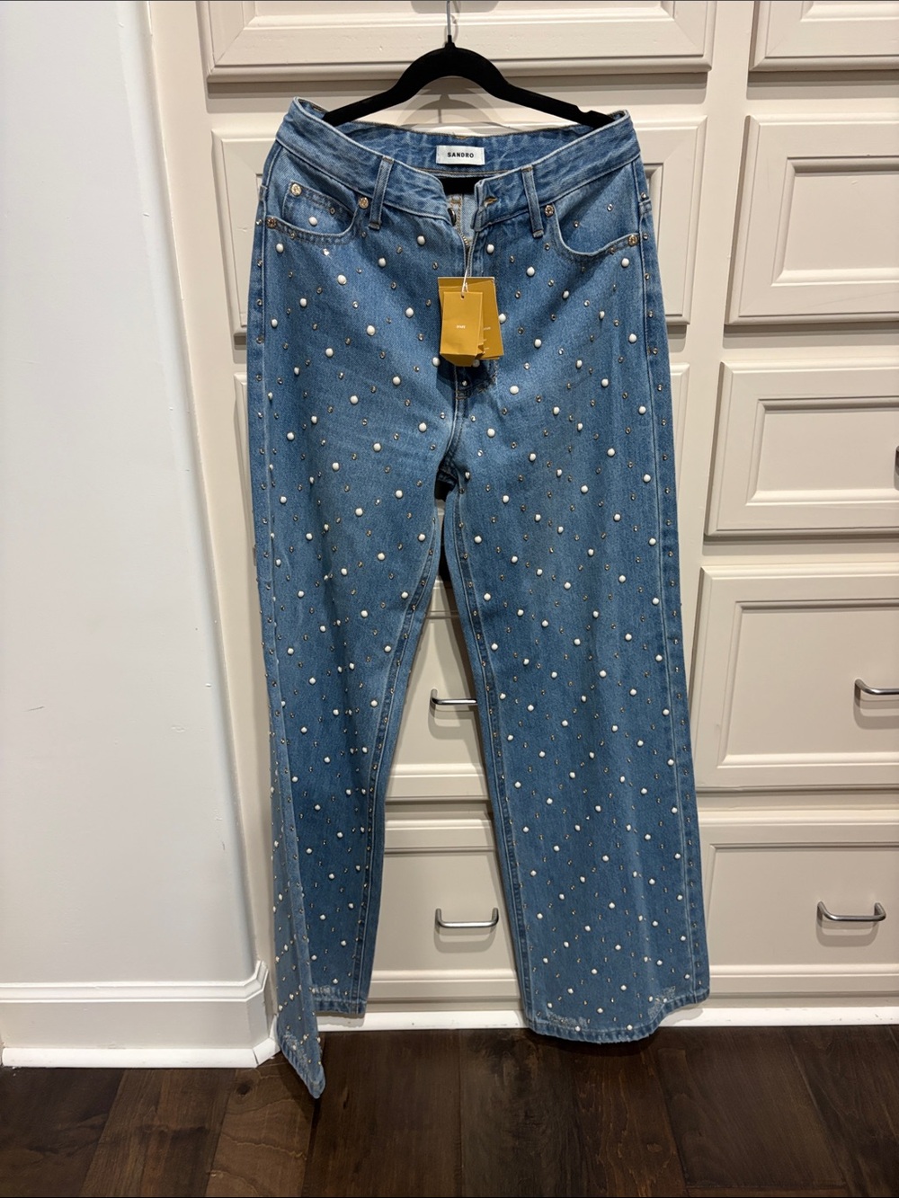 Sandro Light Blue Pearl-Studded Straight Jeans